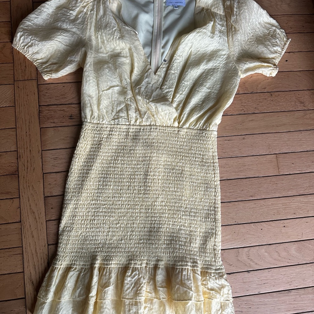 LOST + WANDER Yellow Mini Smock Dress With Ruffled Hem - Picture 4 of 9